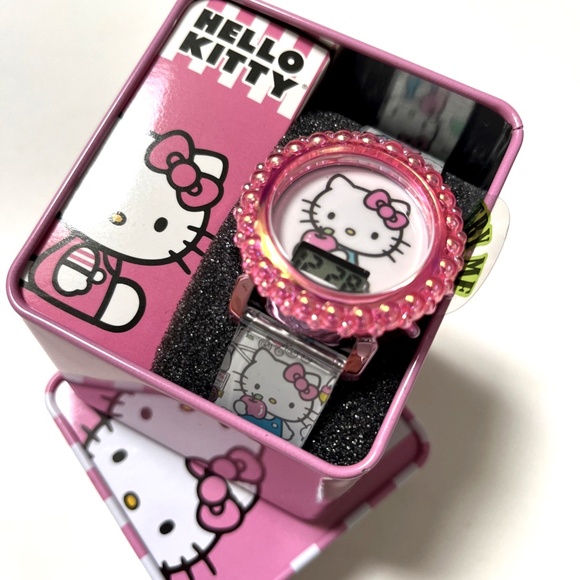 NIB Hello Kitty Digital LCD Watch Pink Rhinestone Faux Pearl Bezel Tin Box - Picture 1 of 4